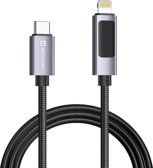 Swissten 3A Lightning to USB-C 30W Cable 1.5m LED Display Power Indicator Black