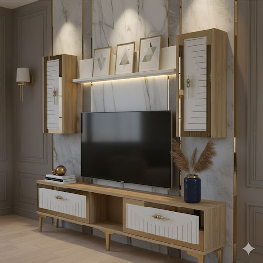 Wohnzimmer TV-Einheit Weiß mit Vitrine & Beleuchtung M150xB30xH41cm Wohnzimmer TV-Einheit Weiß mit Vitrine & Beleuchtung M150xB30xH41cm