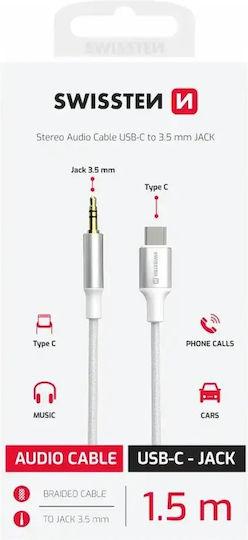 Swissten USB Type-C To 3.5mm Jack Audio Auxiliary Cable Braided Nylon Length 1.5m White