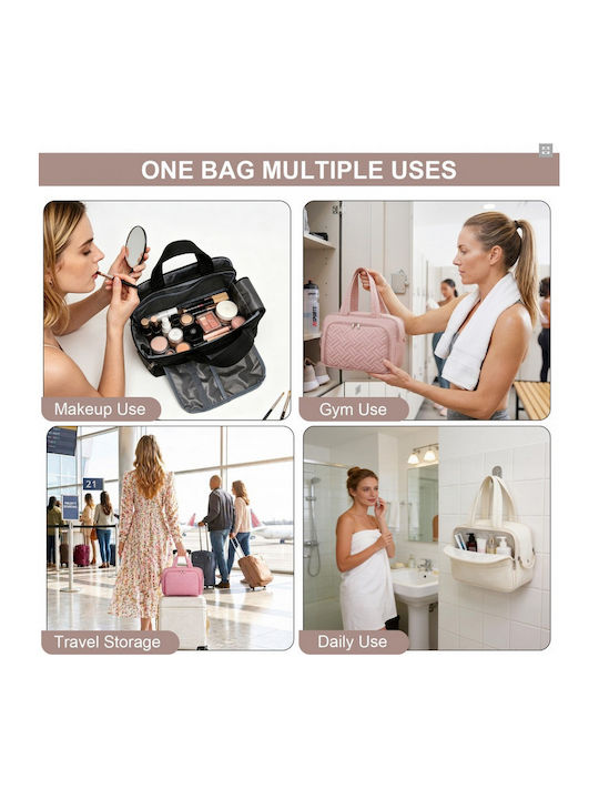 Miss Lulu Travel Quilted Toiletry Bag – Water-resistant Wet Dry Pocket Large 180° Opening Easy Access Nude