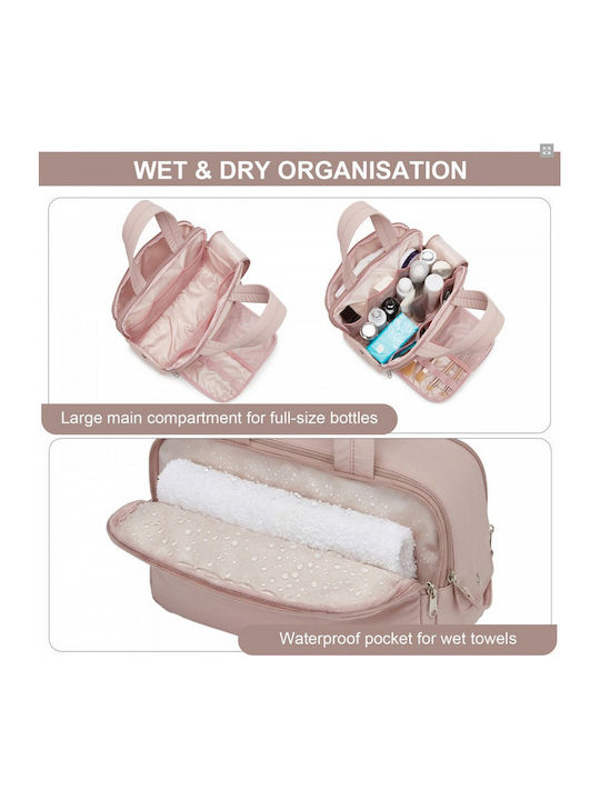 Miss Lulu Travel Quilted Toiletry Bag – Water-resistant Wet Dry Pocket Large 180° Opening Easy Access Nude