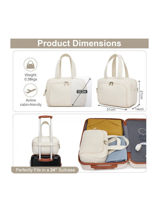 Miss Lulu Travel Quilted Toiletry Bag – Water-resistant Wet Dry Pocket Large 180° Opening Easy Access Beige