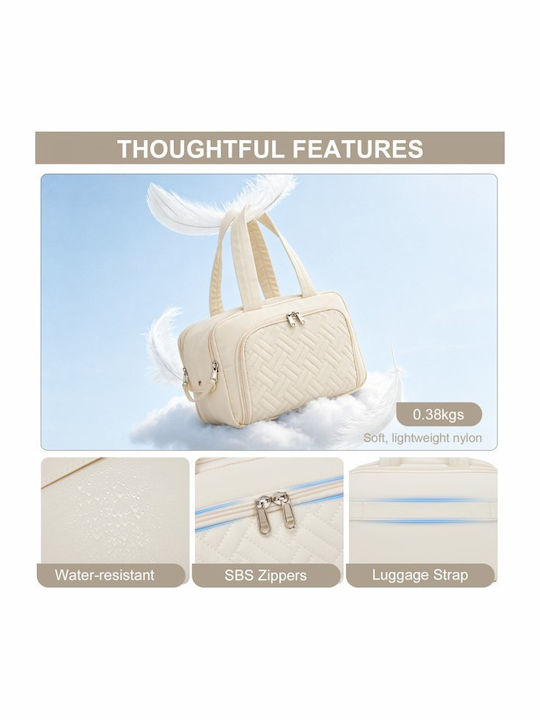 Miss Lulu Travel Quilted Toiletry Bag – Water-resistant Wet Dry Pocket Large 180° Opening Easy Access Beige