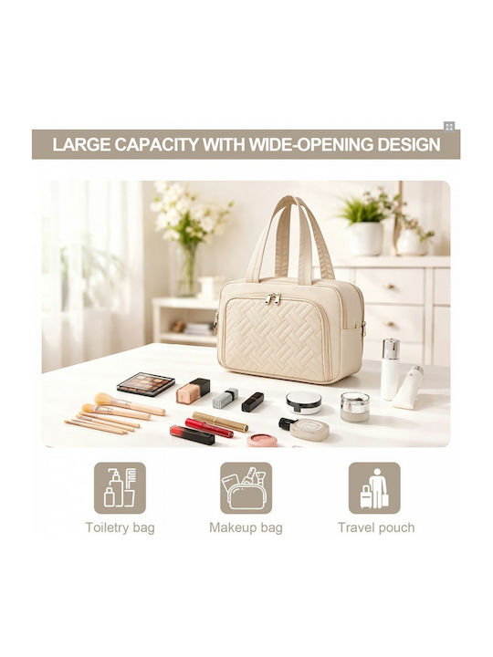 Miss Lulu Travel Quilted Toiletry Bag – Water-resistant Wet Dry Pocket Large 180° Opening Easy Access Beige