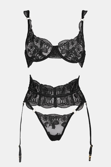 Set Lenjerie Sexy Cu Dantelă, Balene Și Jartiere Negre