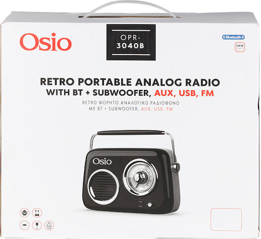 Osio OPR-3040B Retro Φορητό Ραδιόφωνο Επαναφορτιζόμενο με Bluetooth και USB Μαύρο