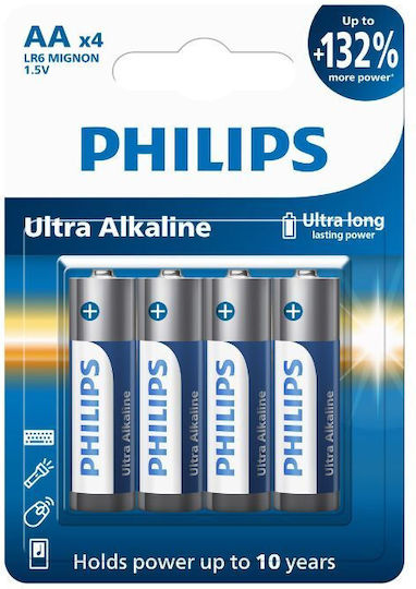 Philips 4 Pack Alkaline Batteries AA Ultra 1.5V LR6E4B/10