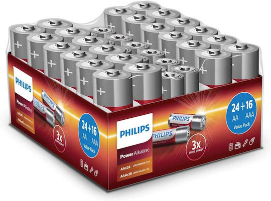 Алкални Батерии Philips Original AA 24 Броя и AAA 16 Броя Комплект
