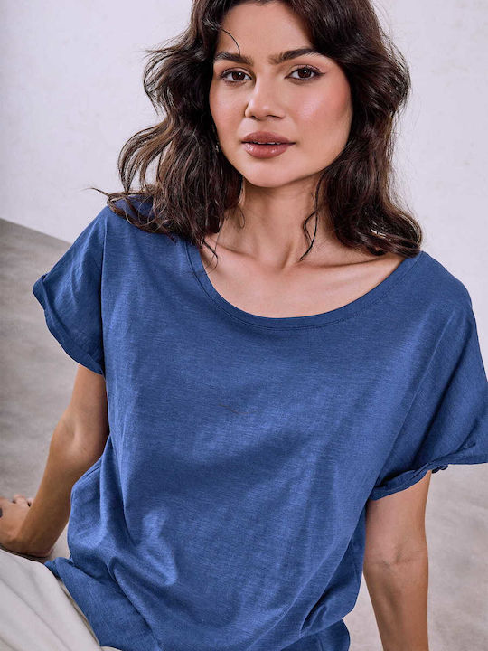 Celestino Damenbluse mit umgeschlagenem Ärmel Loose Fit Blau