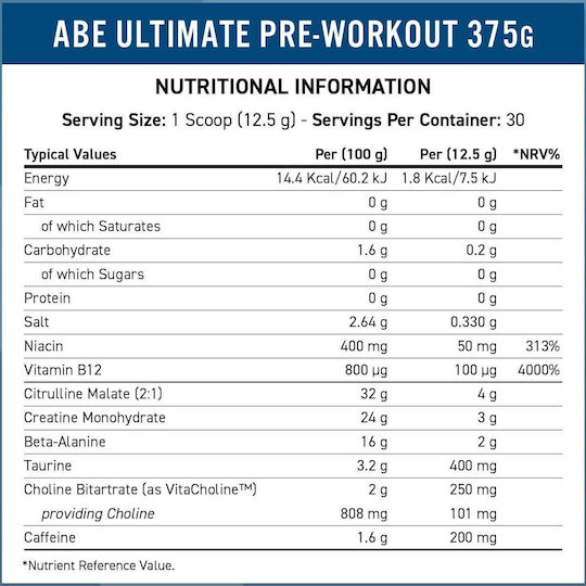 Applied Nutrition Abe All Black Everything Συμπλήρωμα Pre Workout 375gr 30 μερίδες Icy Blue Raz