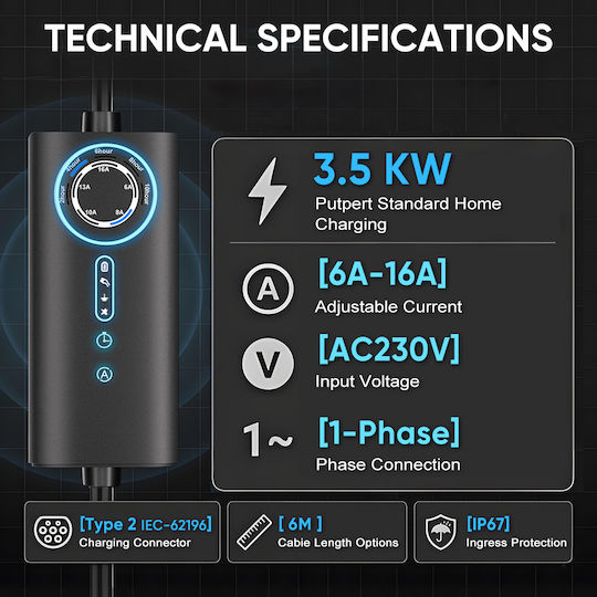 Junsun Преносим Еднофазен Зарядно Устройство 3.5kW с Вграден Кабел 6m Тип 2