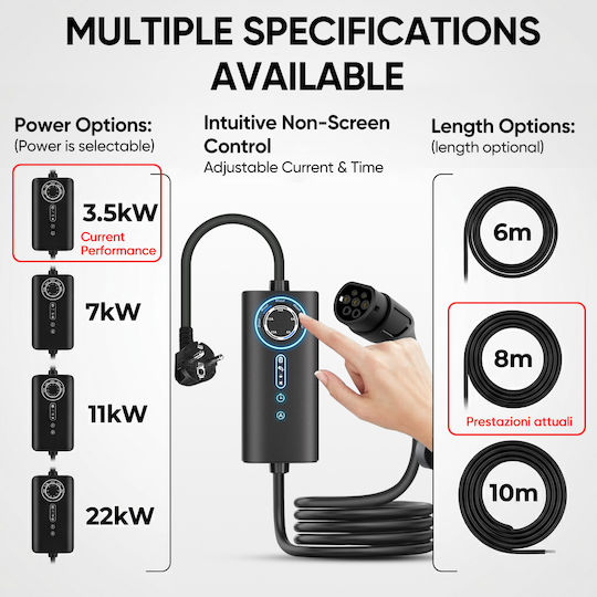 Junsun Portable Single Phase Charger 3.5kW with Built-in Cable 8m Type 2