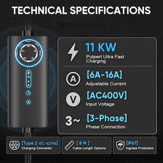 Junsun Tragbarer Dreiphasiger Ladegerät 11kW mit Integriertem Kabel 8m Typ 2