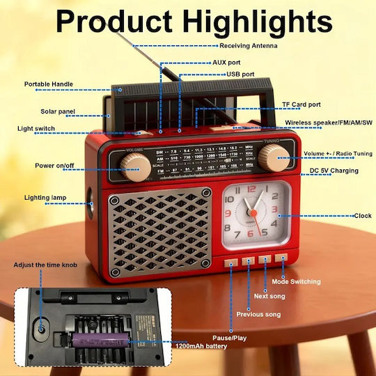 MD939S Retro Επιτραπέζιο Ραδιόφωνο Ηλιακό με Bluetooth και USB Κόκκινο