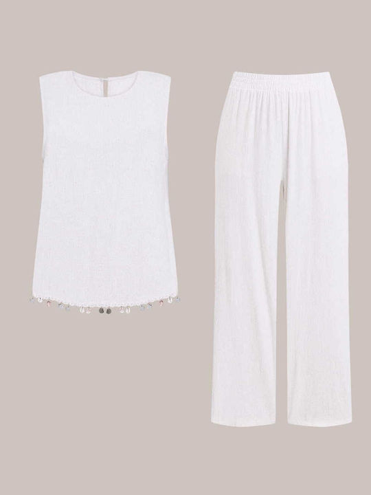 Celestino Set Women's Blouse Palazzo Pants Linen Loose Fit White