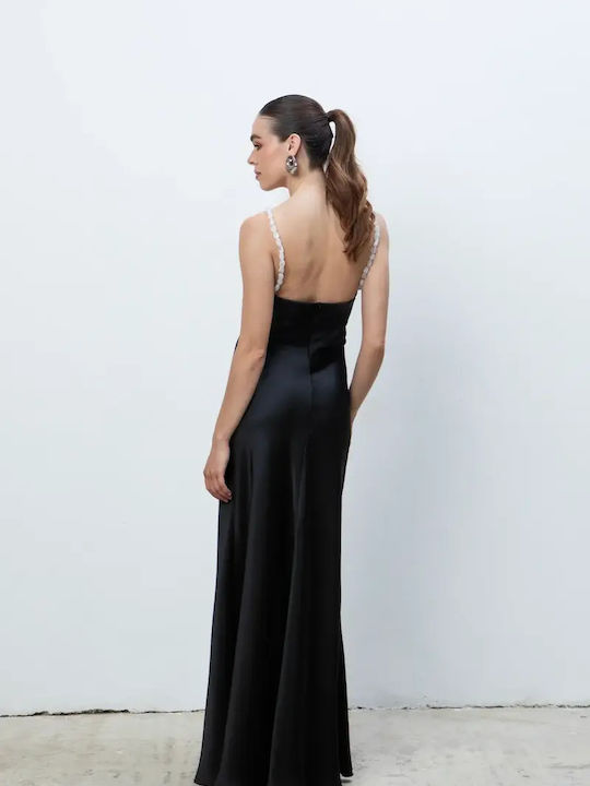 Maxi Βραδινό Φόρεμα Σατέν με Βολάν Black