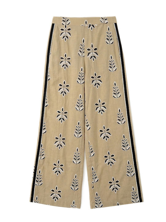 Women's High Rise Cotton Pantaloons in Wide Leg Style Striped Black-Beige