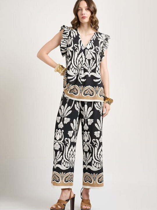 Women's Black Set with Trousers with Rubber Band in Palazzo Fit
