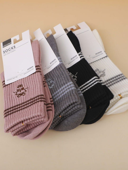 Women's Embroidered Socks Stripes Mid-Calf White
