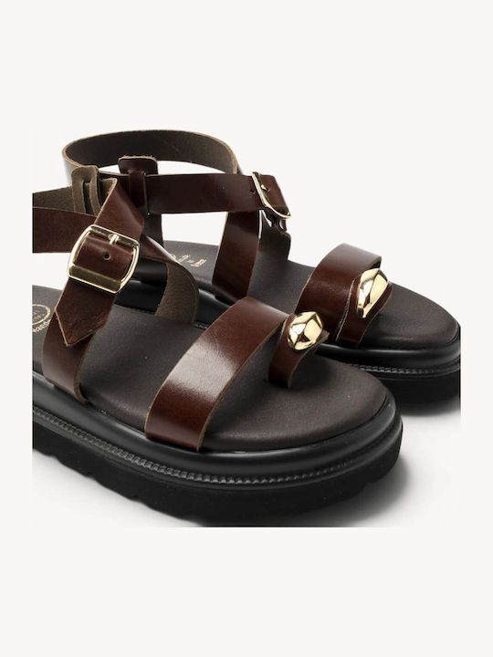 Brown Leather Flatform Sandals Toe Ring Detail