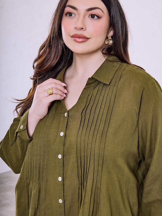 Celestino Women's Shirt Cotton Pleats Loose Fit Khaki