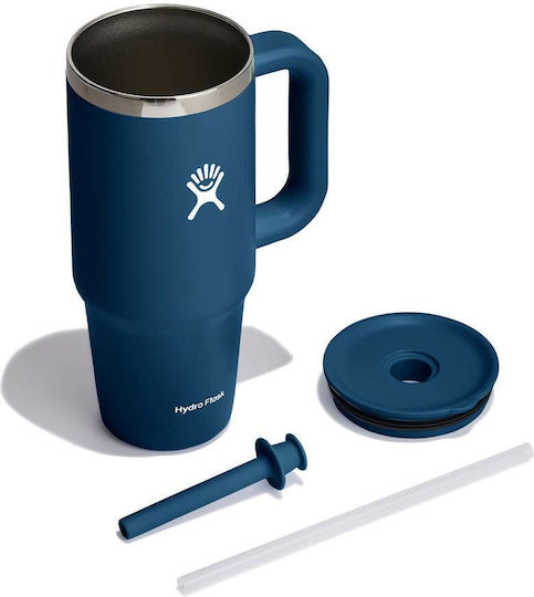 Hydro Flask Stainless Steel Thermos Glass 710ml Indigo With Handle and Straw