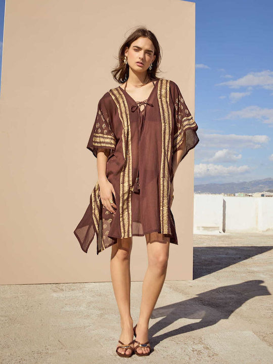 Celestino Γυναικείο Φόρεμα Καφτάνι Εμπριμέ Δέσιμο Loose Fit Καφέ