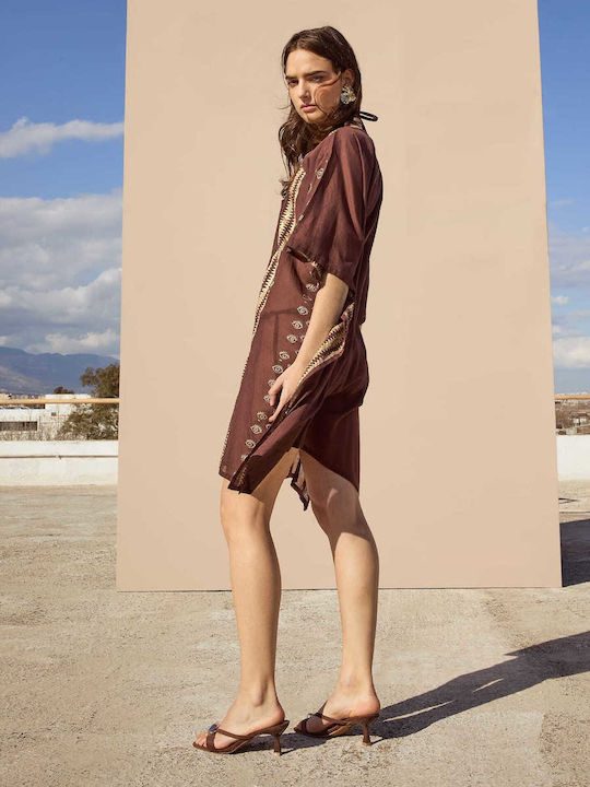 Celestino Γυναικείο Φόρεμα Καφτάνι Εμπριμέ Δέσιμο Loose Fit Καφέ