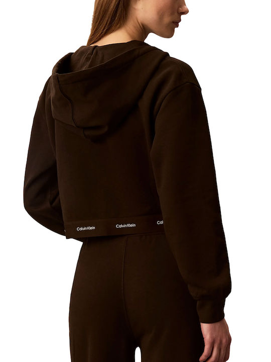 Calvin Klein Logo Cropped Women's Hooded Sweatshirt Cardigan Brown