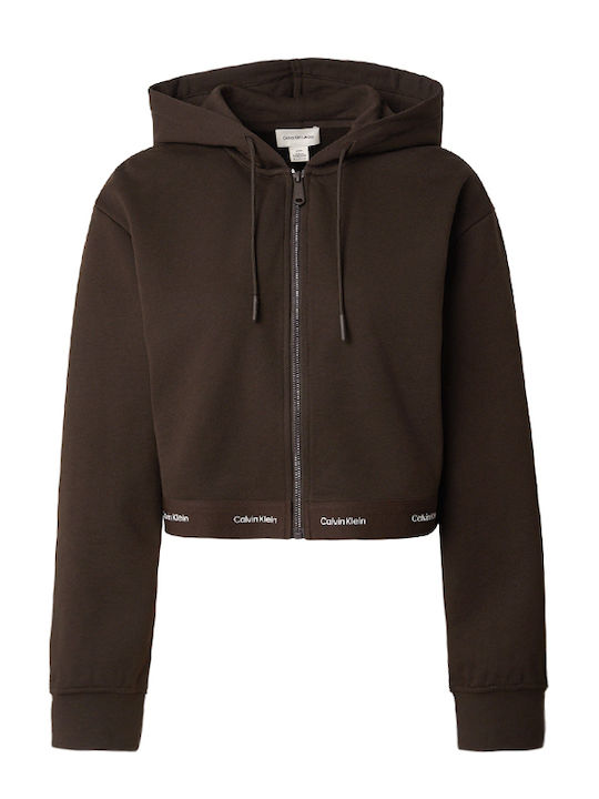 Logo Cropped Women's Hooded Sweatshirt Cardigan Brown