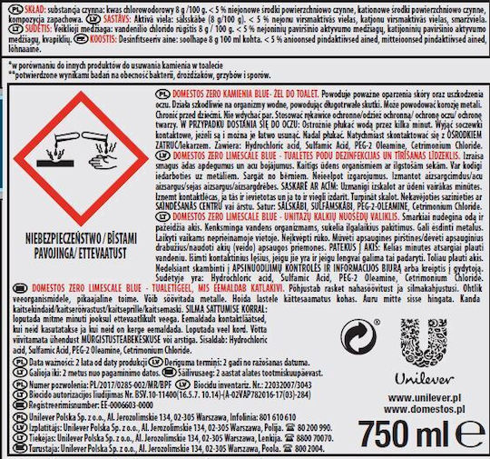 Domestos Гел за Почистване на Тоалетна Zero Limescale 750 мл