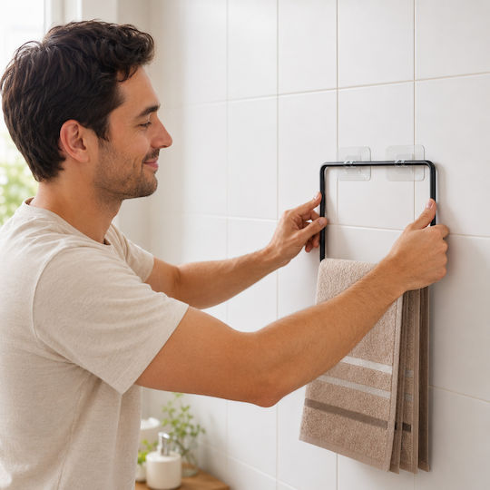 Femmit Self-Adhesive Square Metallic Bathroom & Kitchen Towel Rack Matte Black 17×17 Cm
