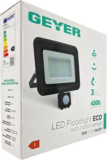 Geyer Waterproof LED Flood Light 50W Cold White 6500K with Motion Sensor IP65
