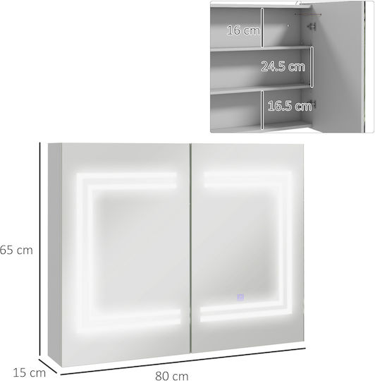 Kleankin Огледало за баня LED Touch от MDF с полица и шкаф 80x65cm Бял