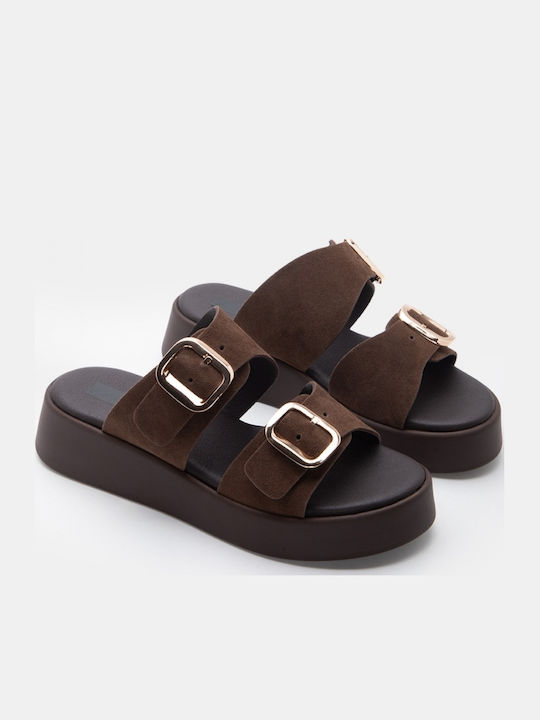 Leather Women's Flat Sandals Flatforms Brown