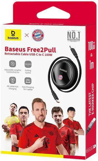 Baseus Free2pull Mini Power Data Cable Fast Charging Retractable Usb Type-c To Usb Type-c 100w 1.5m Black