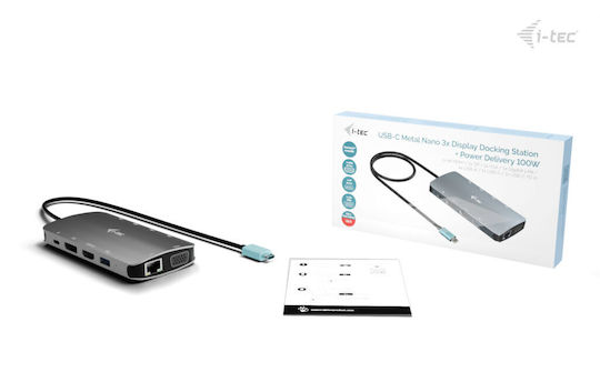 i-tec USB-C Docking Station with HDMI/DisplayPort 4K PD Ethernet and 3 Monitor Connection Silver (C31NANOTRIDOCKPD)