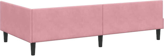 Pat Single Tapițat cu Catifea Roz cu Plăci și Saltea 90x200cm