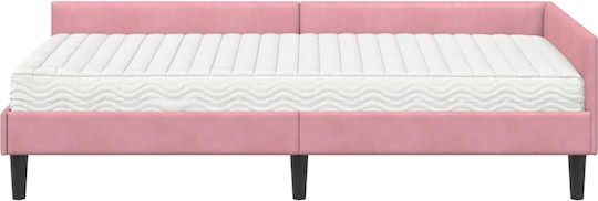 Pat Single Tapițat cu Catifea Roz cu Plăci și Saltea 90x200cm