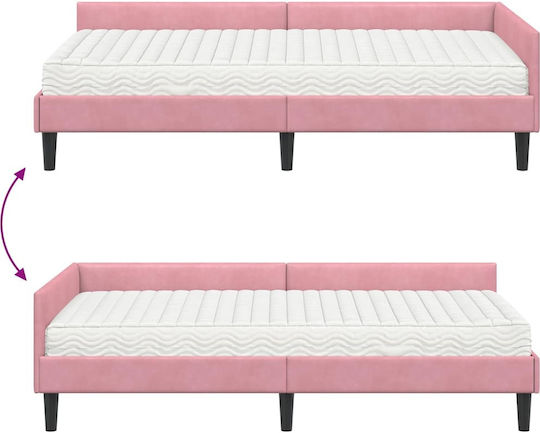 Pat Single Tapițat cu Catifea Roz cu Plăci și Saltea 90x200cm