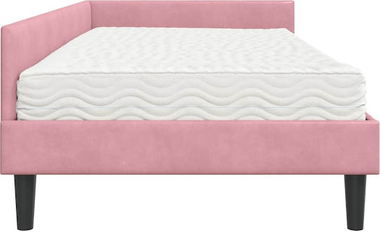Pat Single Tapițat cu Catifea Roz cu Plăci și Saltea 90x200cm