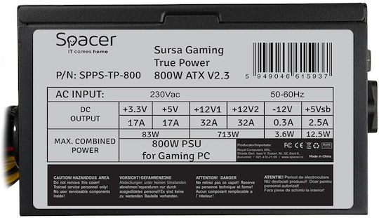 Spacer TP800 800W Μαύρο Τροφοδοτικό Υπολογιστή Full Wired