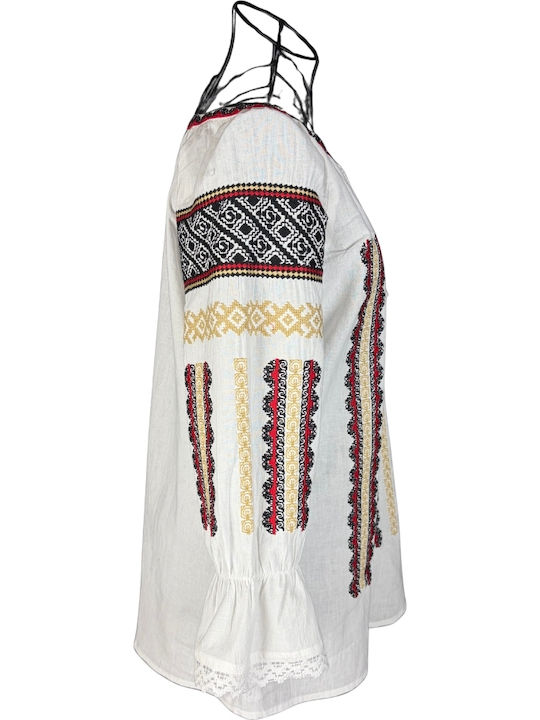 Bluza Damă Bumbac Mânecă Lungă Alb/Portocaliu