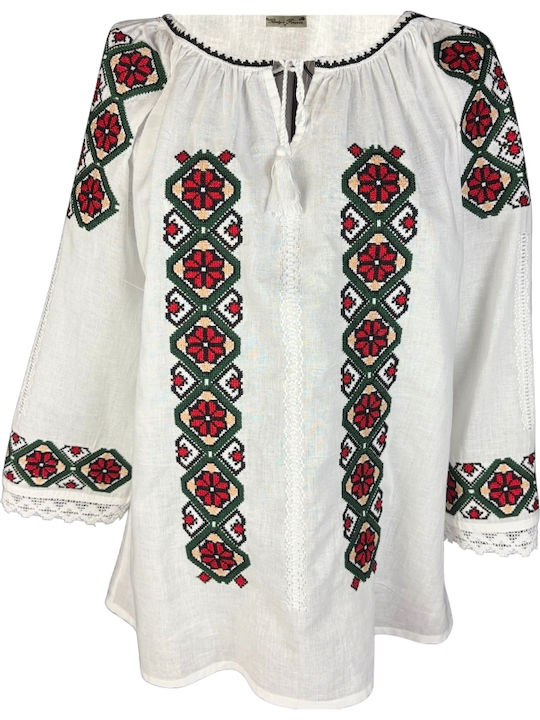 Bluza Damă Bumbac Mânecă Lungă Alb/Portocaliu