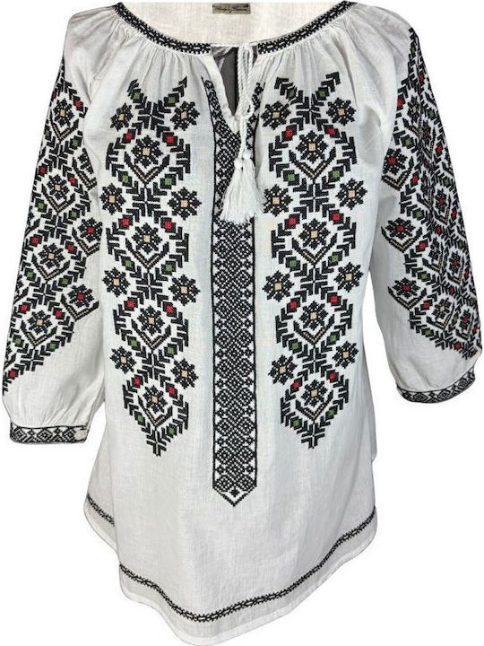 Bluza Damă Bumbac Mânecă Lungă Alb/Portocaliu