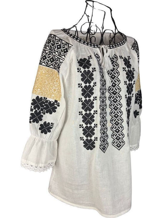 Bluza Damă Bumbac Mânecă Lungă Alb/Portocaliu
