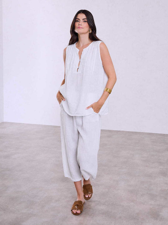 Celestino Pantaloni Din In Cropped Albi