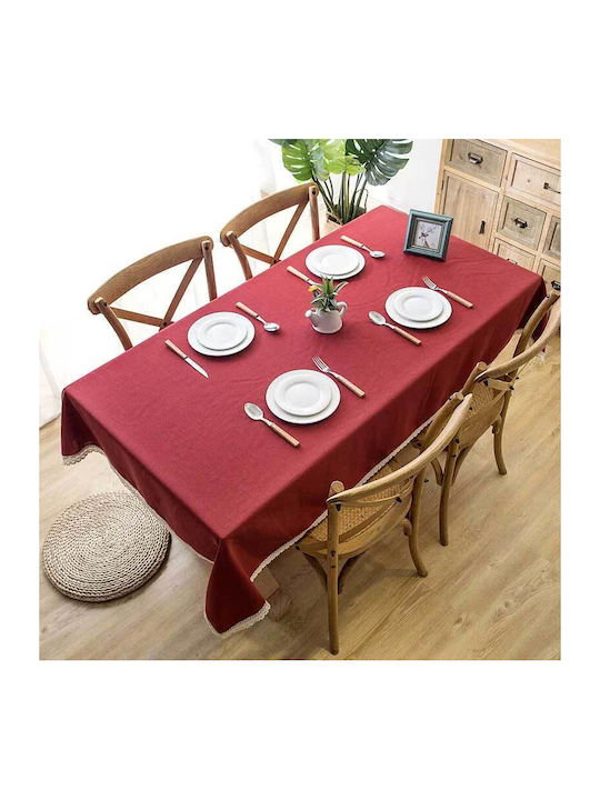 FRIPIA Față De Masă Din In Cu Dantelă Burgundy 120x180cm