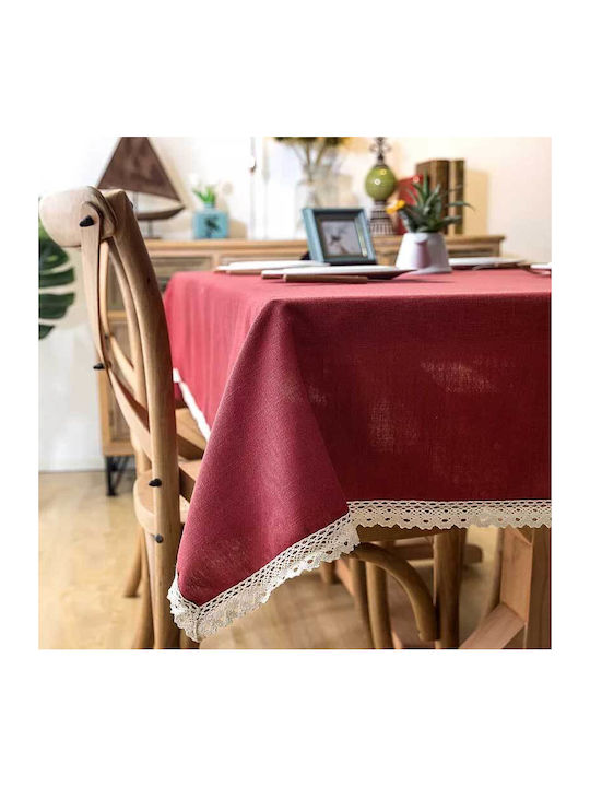 FRIPIA Față De Masă Din In Cu Dantelă Burgundy 120x180cm