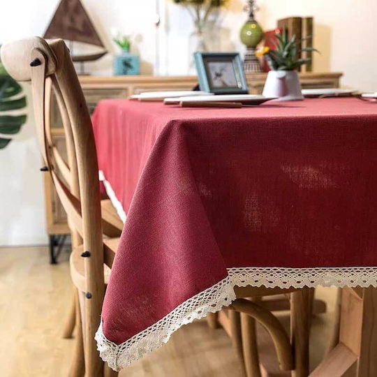 FRIPIA Față De Masă Din In Cu Dantelă Burgundy 120x180cm